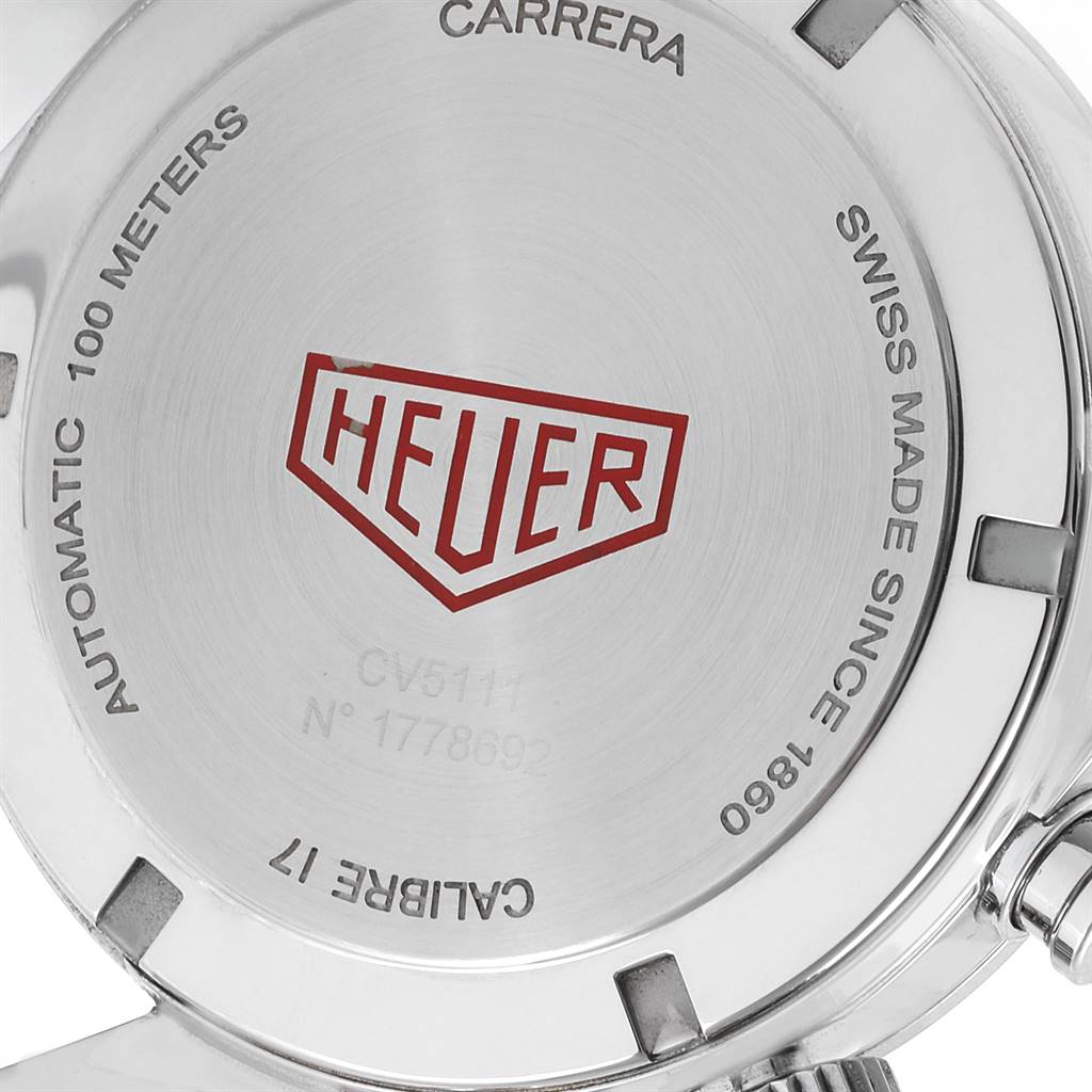 The image shows the back case of a Tag Heuer Carrera CV5111.FC6335 Men's Stainless Steel Silver Dial CV5111.FC6335 Men's Stainless Steel Silver Dial watch, displaying the logo, model details, and water resistance information.