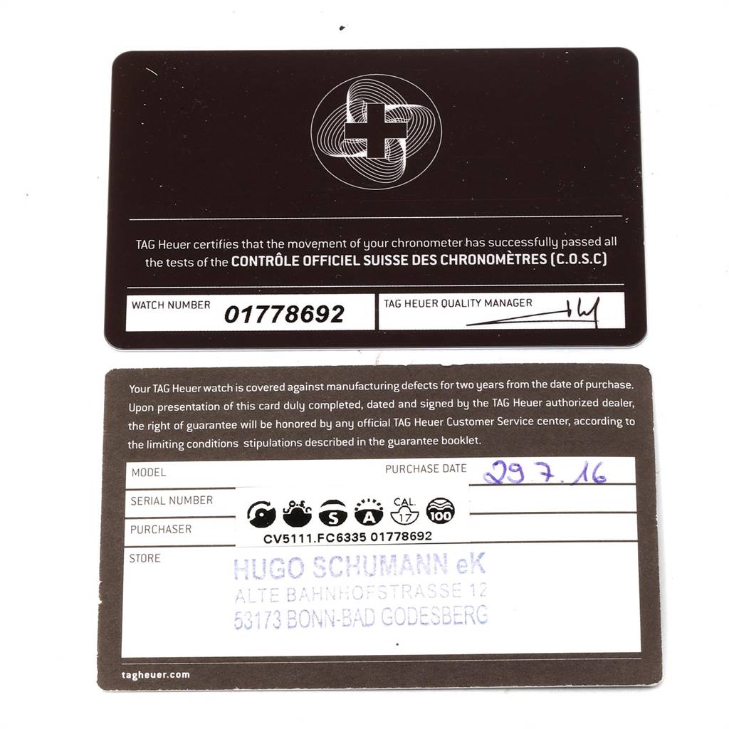 The image shows two warranty cards for the Carrera model by Tag Heuer, displaying the watch number and watch details.