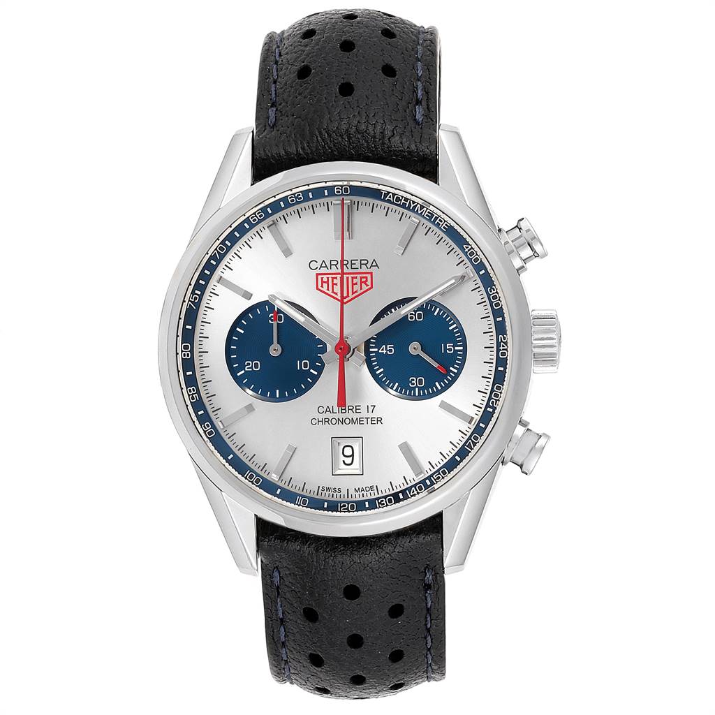 The image shows a frontal view of the Tag Heuer Carrera CV5111.FC6335 Men's Stainless Steel Silver Dial CV5111.FC6335 Men's Stainless Steel Silver Dial watch, highlighting its face, bezel, pushers, and strap.
