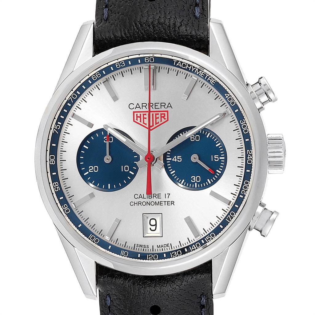 The image shows a close-up view of the dial and bezel of the Tag Heuer Carrera CV5111.FC6335 Men's Stainless Steel Silver Dial CV5111.FC6335 Men's Stainless Steel Silver Dial Calibre 17 Chronometer, including the date, subdials, and tachymeter scale.