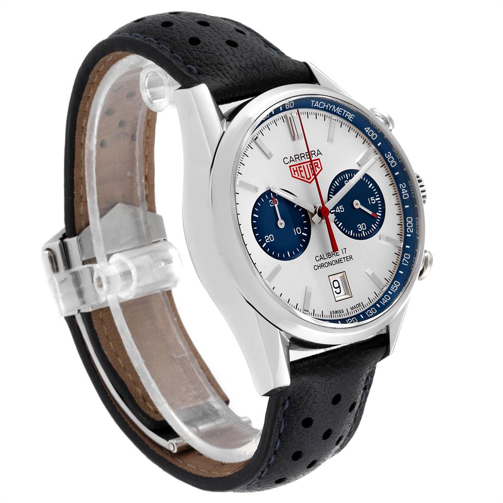 The image shows a Tag Heuer Carrera CV5111.FC6335 Men's Stainless Steel Silver Dial CV5111.FC6335 Men's Stainless Steel Silver Dial model watch at an angled side view, focusing on the dial, bezel, and black perforated strap.