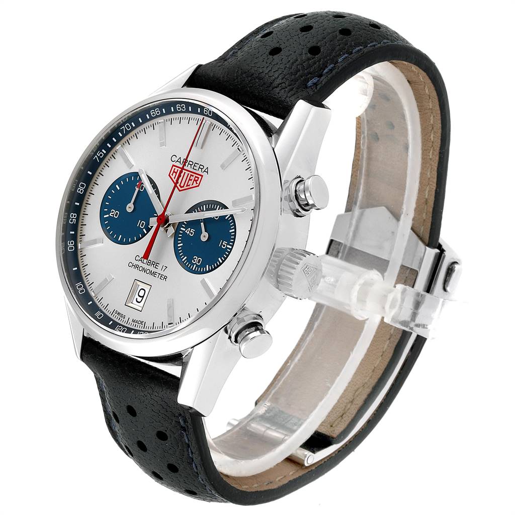 The Tag Heuer Carrera CV5111.FC6335 Men's Stainless Steel Silver Dial CV5111.FC6335 Men's Stainless Steel Silver Dial model watch is shown at a three-quarter angle, highlighting the dial, subdials, crown, pushers, and leather strap.