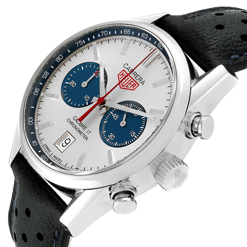 The image shows a close-up, angled view of the face, crown, and pushers of the Tag Heuer Carrera CV5111.FC6335 Men's Stainless Steel Silver Dial CV5111.FC6335 Men's Stainless Steel Silver Dial watch model.