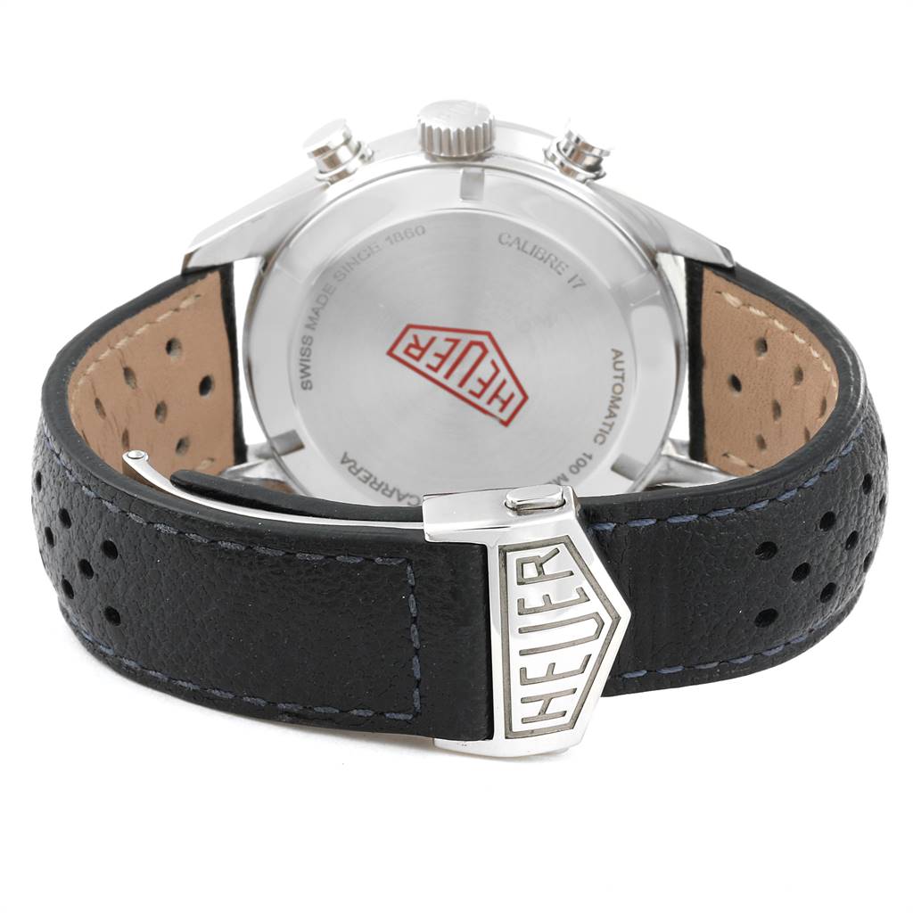 The image shows the back view of a Tag Heuer Carrera CV5111.FC6335 Men's Stainless Steel Silver Dial CV5111.FC6335 Men's Stainless Steel Silver Dial watch, highlighting its case, buckle, and strap.