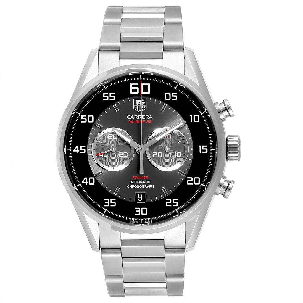 The image shows the front view of a Tag Heuer Carrera CAR2B10.BA0799 Men's Stainless Steel Black Dial CAR2B10.BA0799 Men's Stainless Steel Black Dial watch, displaying its face, bezel, and metal bracelet.