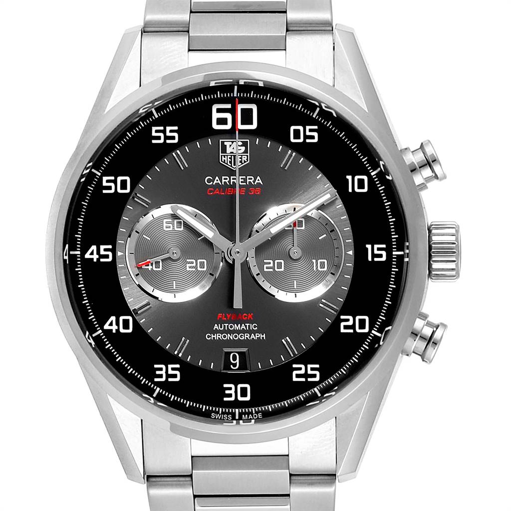 The image shows a front view of a Tag Heuer Carrera CAR2B10.BA0799 Men's Stainless Steel Black Dial CAR2B10.BA0799 Men's Stainless Steel Black Dial Calibre 36 watch, highlighting the dial, hands, and subdials.