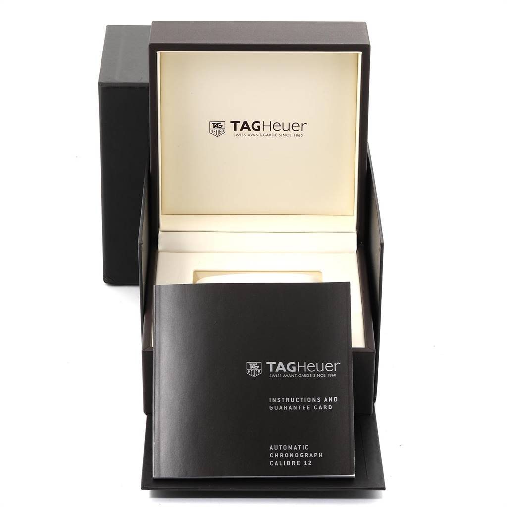 The image shows the open box for a Tag Heuer Carrera CAR2B10.BA0799 Men's Stainless Steel Black Dial CAR2B10.BA0799 Men's Stainless Steel Black Dial watch, with the instruction and guarantee card visible.