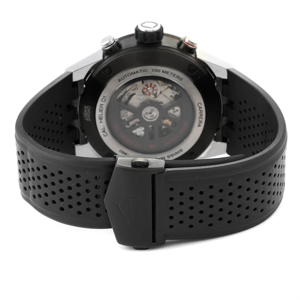 This image shows a rear view of the Tag Heuer Carrera CAR2A1Z.FT6044 Men's Titanium Black Dial CAR2A1Z.FT6044 Men's Titanium Black Dial watch, highlighting its automatic movement and black perforated rubber strap.