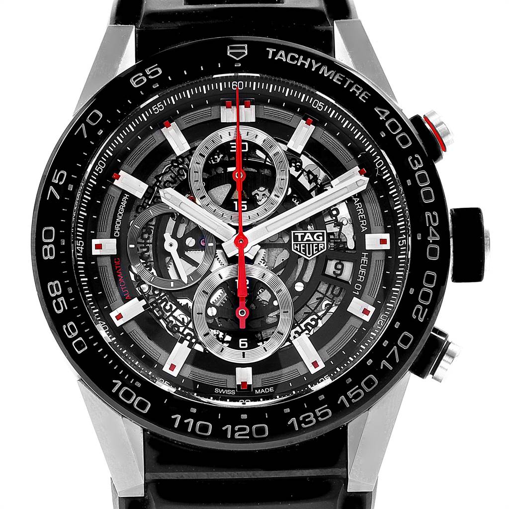 The image shows a frontal view of the Tag Heuer Carrera CAR2A1Z.FT6044 Men's Titanium Black Dial CAR2A1Z.FT6044 Men's Titanium Black Dial watch, focusing on the dial, hands, subdials, and tachymeter bezel.