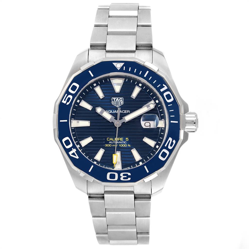 This image shows a front view of the Tag Heuer Aquaracer WAY201B Men's Stainless Steel Blue Dial WAY201B Men's Stainless Steel Blue Dial watch, featuring its blue dial, bezel, and metal bracelet.