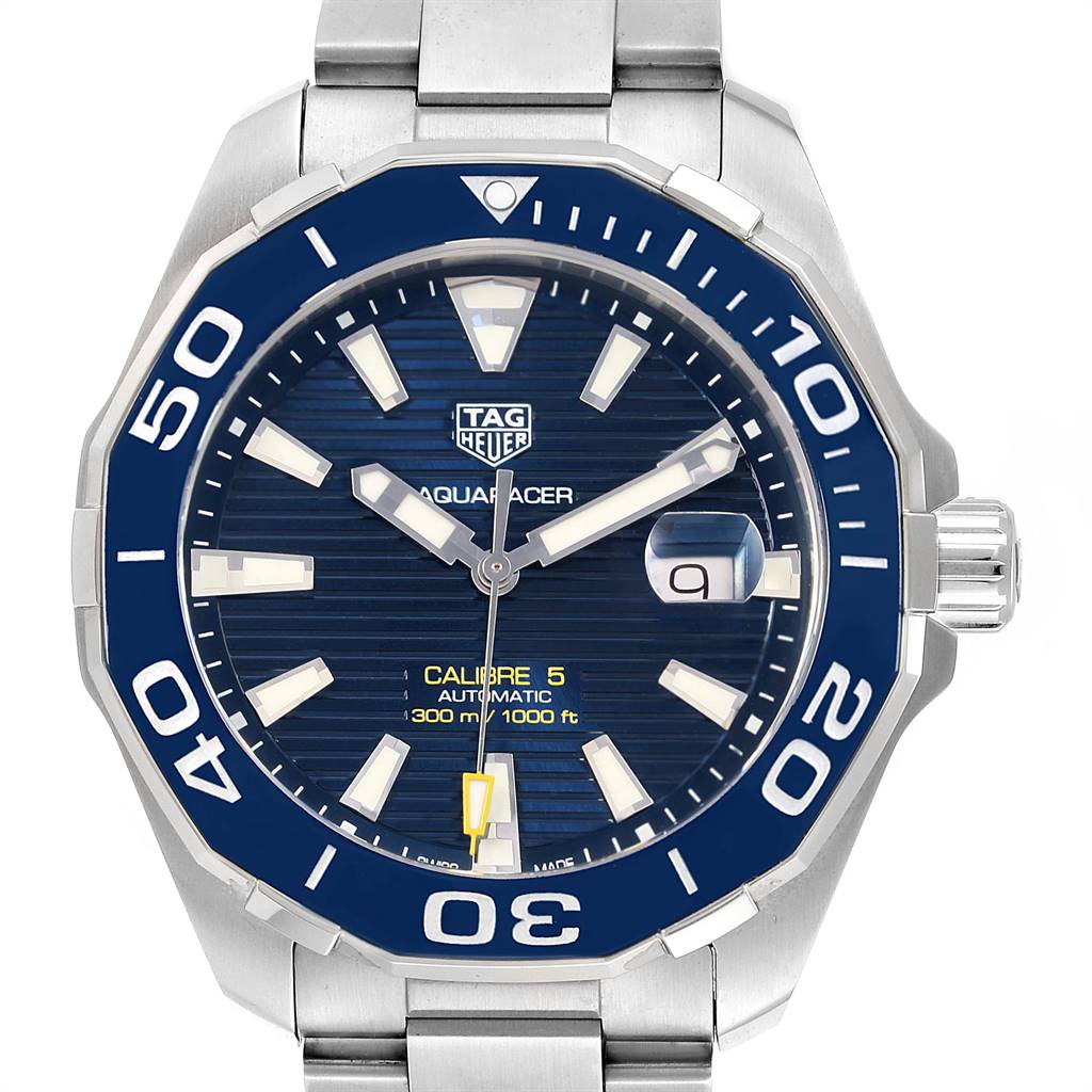 The image shows a close-up front view of the Tag Heuer Aquaracer WAY201B Men's Stainless Steel Blue Dial WAY201B Men's Stainless Steel Blue Dial watch, highlighting the bezel, dial, hands, and bracelet.