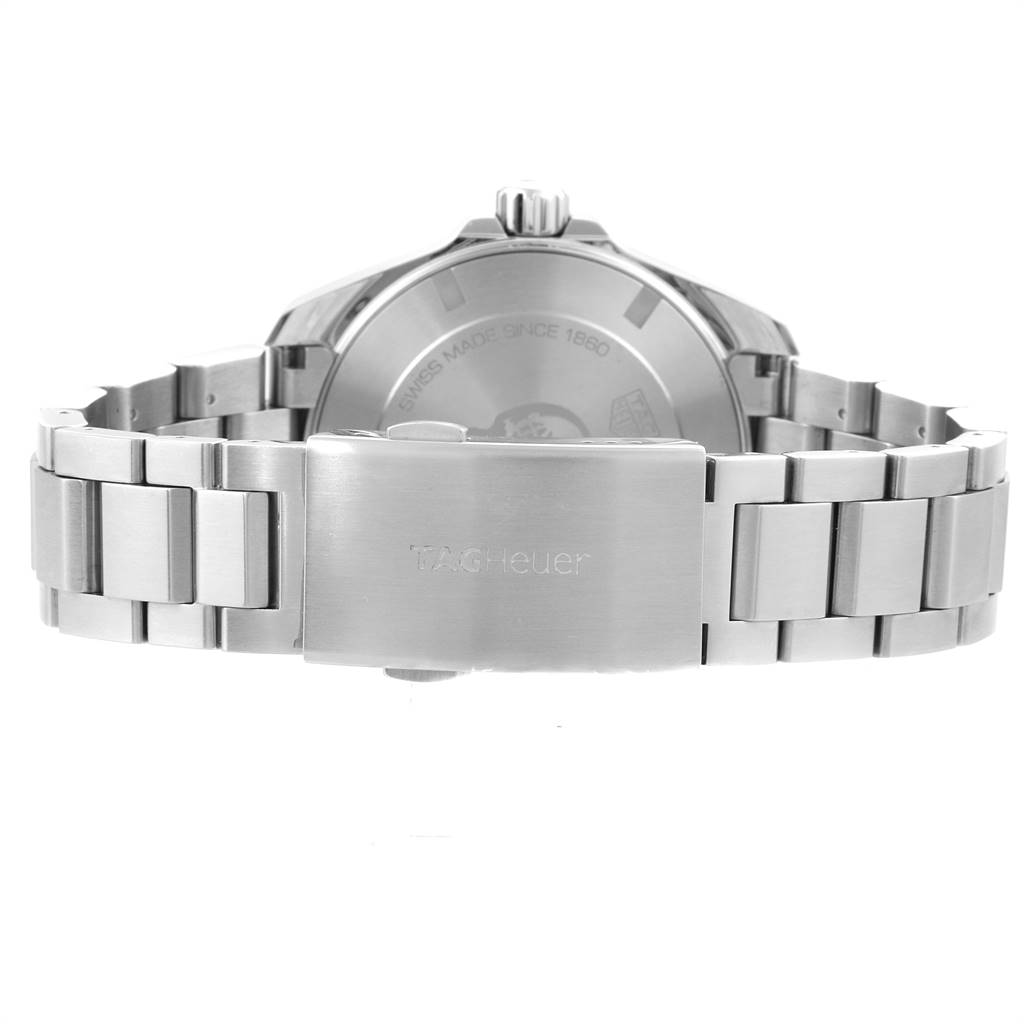 The image shows the back view of a Tag Heuer Aquaracer WAY201B Men's Stainless Steel Blue Dial WAY201B Men's Stainless Steel Blue Dial watch focusing on the clasp and stainless steel bracelet.