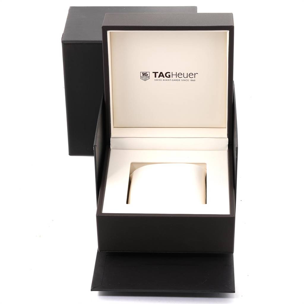 This image shows an open Tag Heuer Aquaracer WAY201B Men's Stainless Steel Blue Dial WAY201B Men's Stainless Steel Blue Dial watch box, viewed from the front, displaying the brand's logo inside the lid.