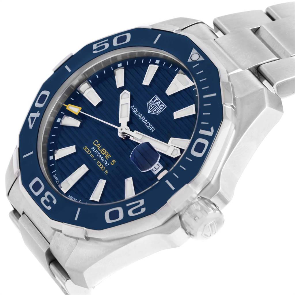 This Tag Heuer Aquaracer WAY201B Men's Stainless Steel Blue Dial WAY201B Men's Stainless Steel Blue Dial watch is shown at an angle, displaying the face, bezel, and part of the bracelet.