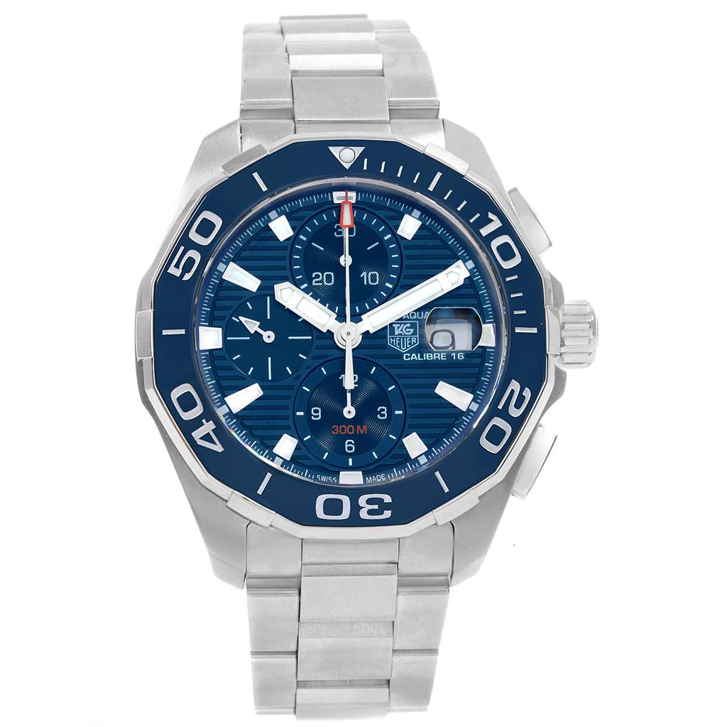 The image shows a front view of a Tag Heuer Aquaracer CAY211B.BA0927 Men's Stainless Steel Blue Dial CAY211B.BA0927 Men's Stainless Steel Blue Dial watch, displaying its face, bezel, and stainless steel band.
