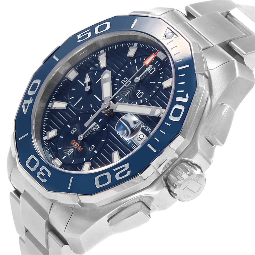The image shows a close-up side angle of the Tag Heuer Aquaracer CAY211B.BA0927 Men's Stainless Steel Blue Dial CAY211B.BA0927 Men's Stainless Steel Blue Dial watch, highlighting the face, bezel, and part of the bracelet.