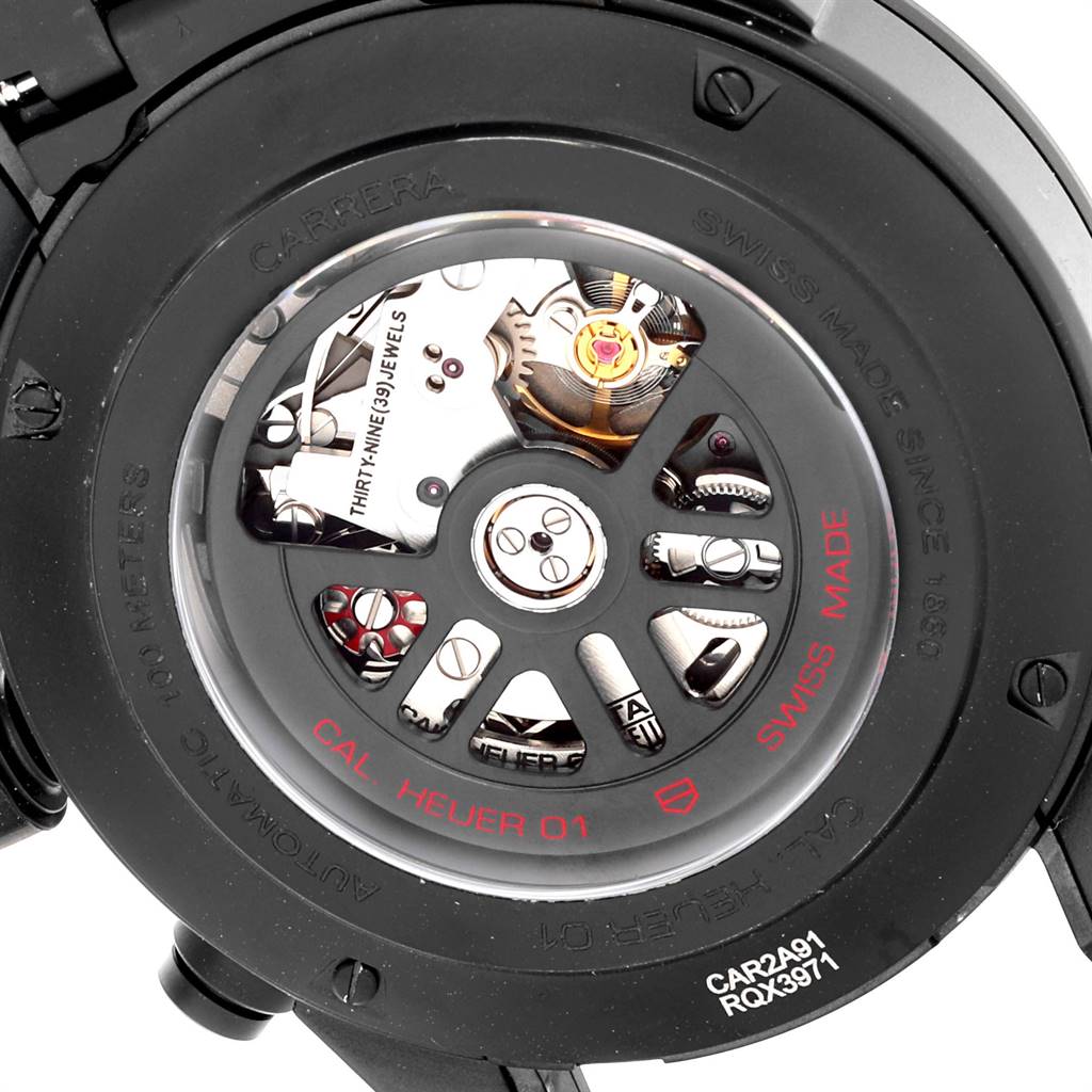 This image shows the back of a Tag Heuer Carrera CAR2A91.BH0742 Men
s Stainless Steel Black Dial CAR2A91.BH0742 Men
s Stainless Steel Black Dial watch, revealing the intricate mechanical movement and internal components.