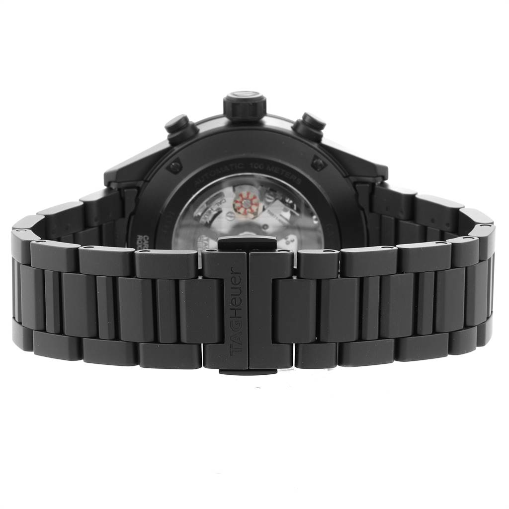 The image shows a rear view of the Tag Heuer Carrera CAR2A91.BH0742 Men
s Stainless Steel Black Dial CAR2A91.BH0742 Men
s Stainless Steel Black Dial watch, highlighting the bracelet and movement through the transparent case back.