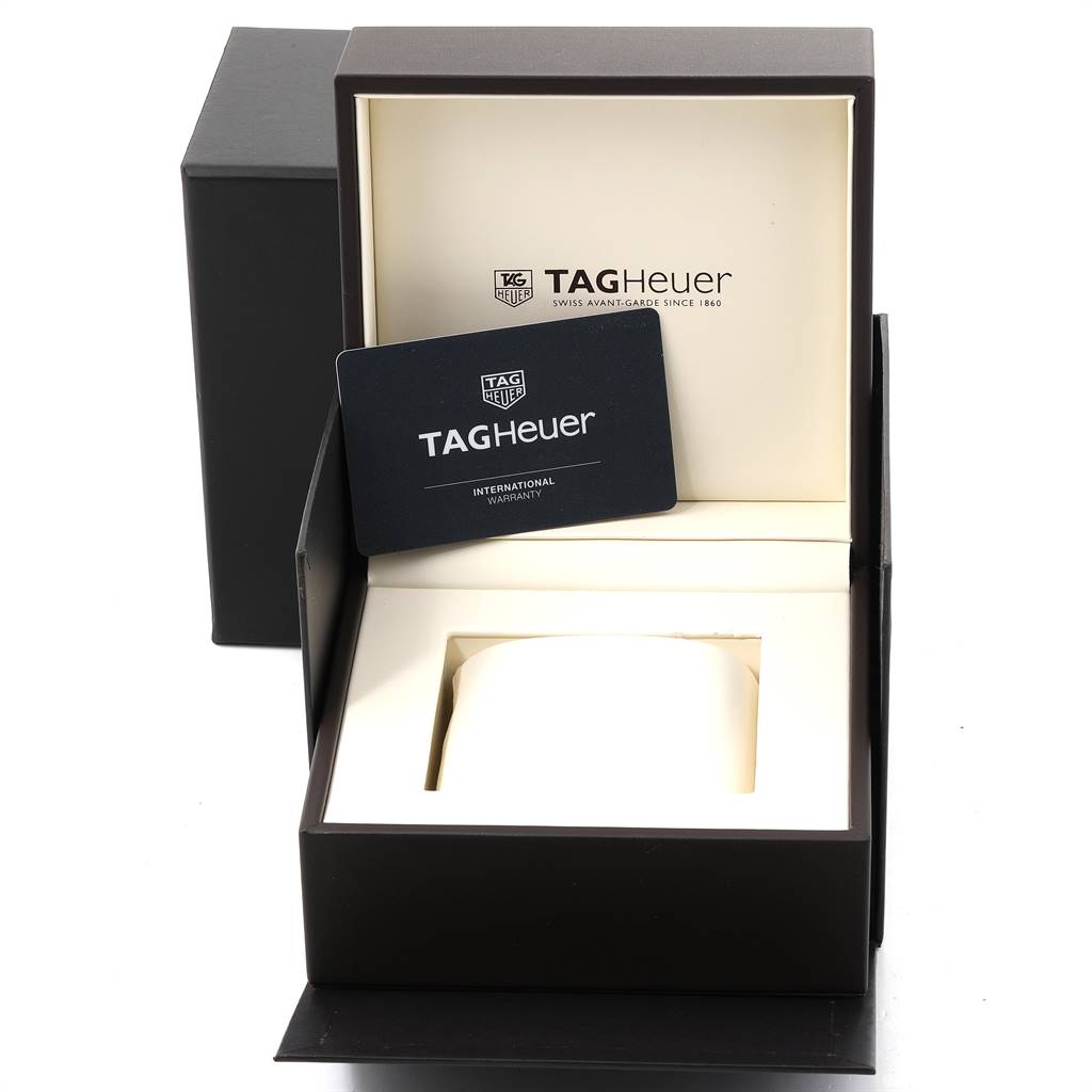 The image shows the box and warranty card for the Tag Heuer Carrera CAR2A91.BH0742 Men
s Stainless Steel Black Dial CAR2A91.BH0742 Men
s Stainless Steel Black Dial watch, but the watch itself is not shown.