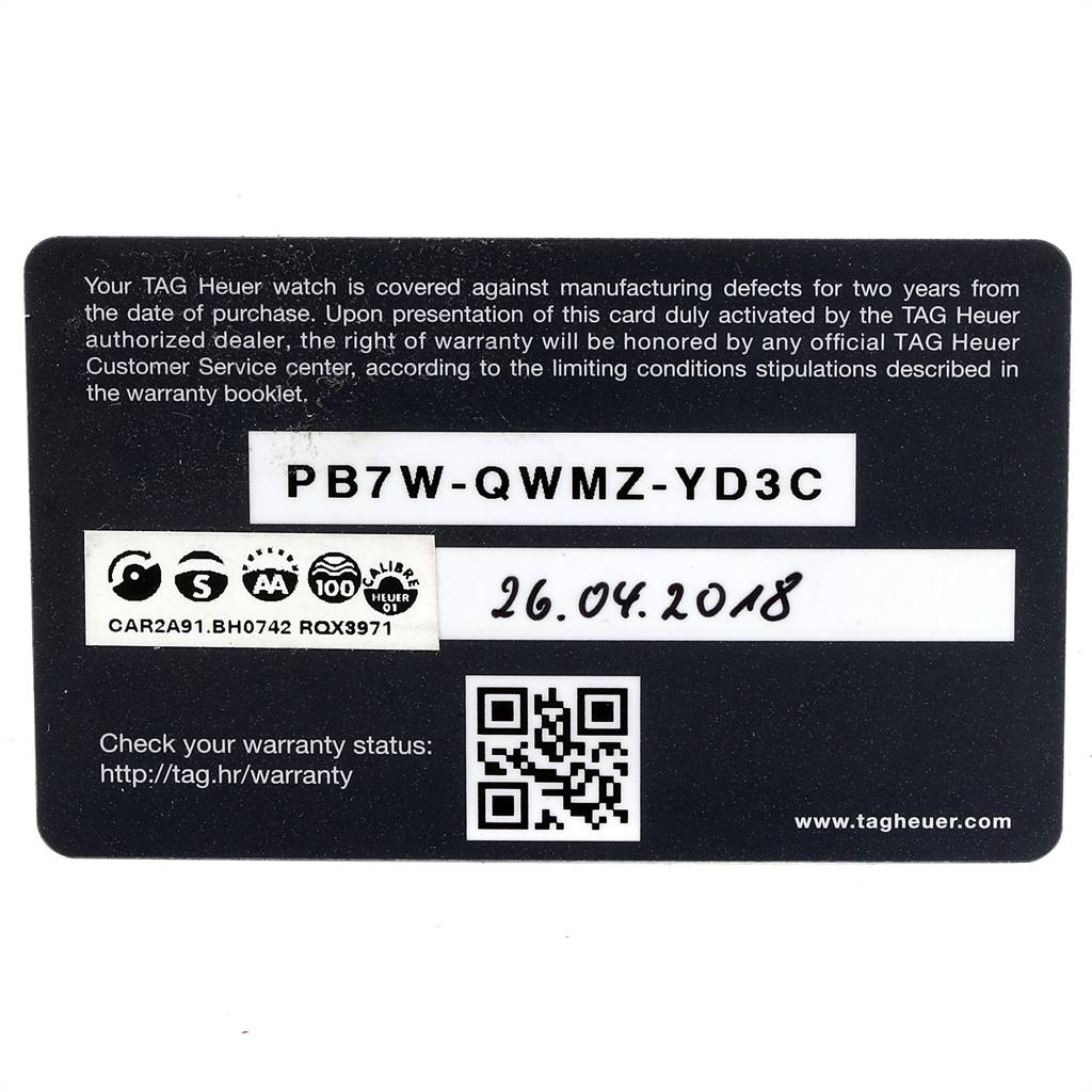 This image shows the warranty card for a Tag Heuer Carrera CAR2A91.BH0742 Men
s Stainless Steel Black Dial CAR2A91.BH0742 Men
s Stainless Steel Black Dial watch, including a serial number, activation code, and date of purchase.