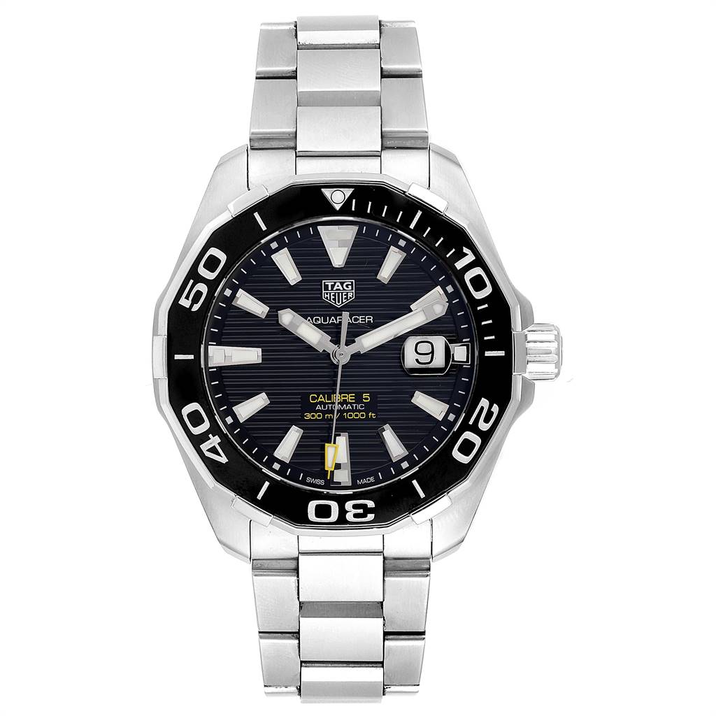 The image shows a front view of the Tag Heuer Aquaracer WAY201A.BA0927 Men's Stainless Steel Black Dial WAY201A.BA0927 Men's Stainless Steel Black Dial watch, displaying its dial, bezel, and bracelet.