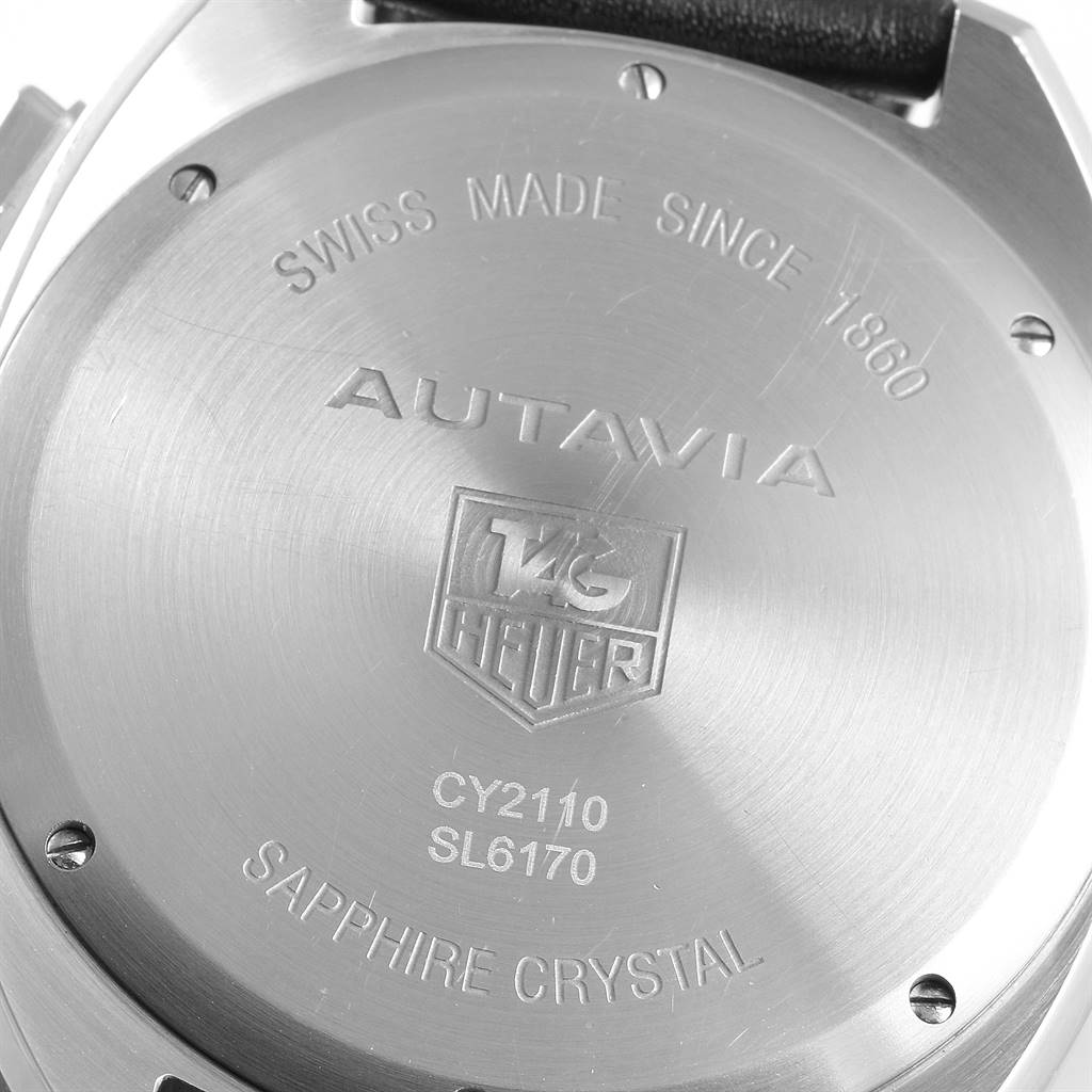 This image shows the back case of a Tag Heuer Autavia CY2110 Men's Stainless Steel White Dial CY2110 Men's Stainless Steel White Dial watch, revealing its engravings and specifications.