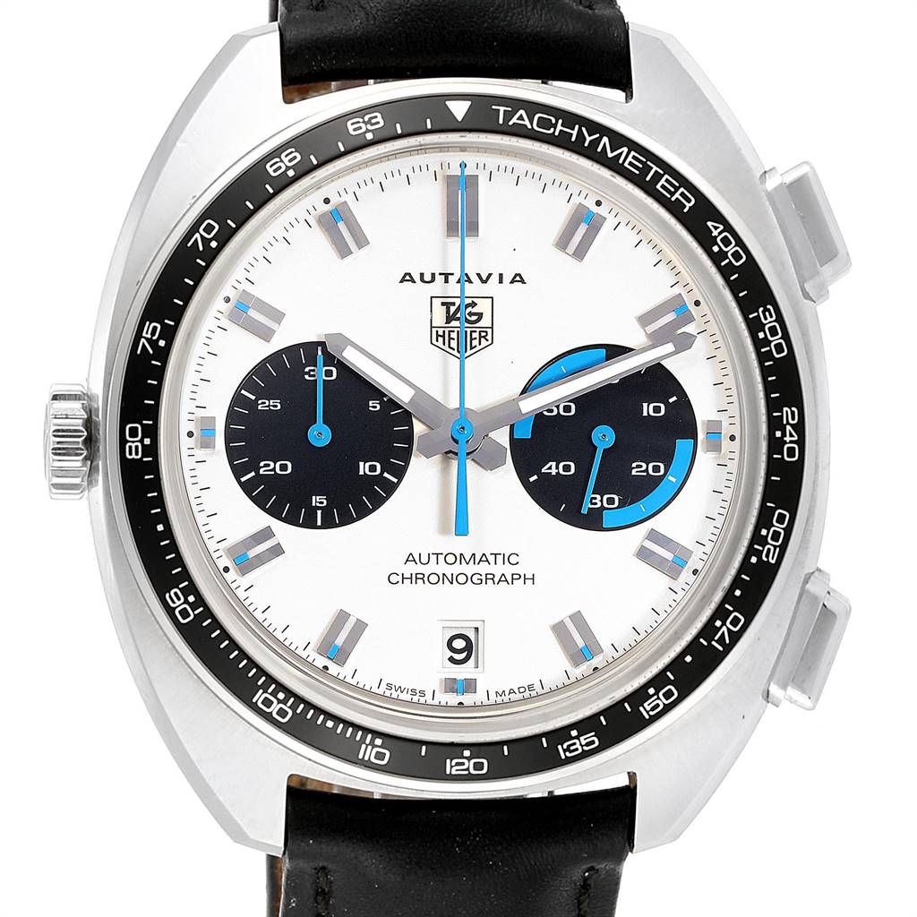 The image shows a front view of a Tag Heuer Autavia CY2110 Men's Stainless Steel White Dial CY2110 Men's Stainless Steel White Dial watch, displaying its dial and tachymeter bezel clearly.
