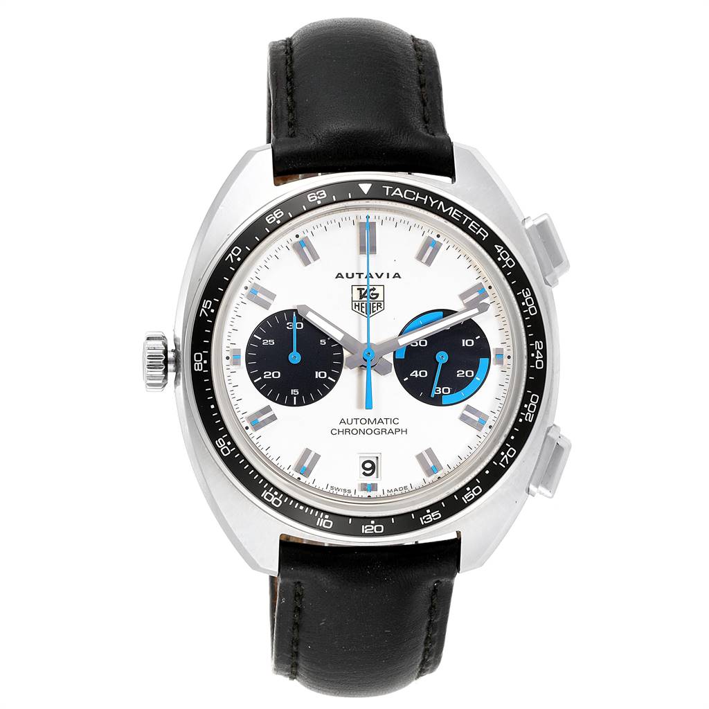 This image shows a front view of the Autavia model by Tag Heuer, displaying its dial, chronograph subdials, and tachymeter bezel.