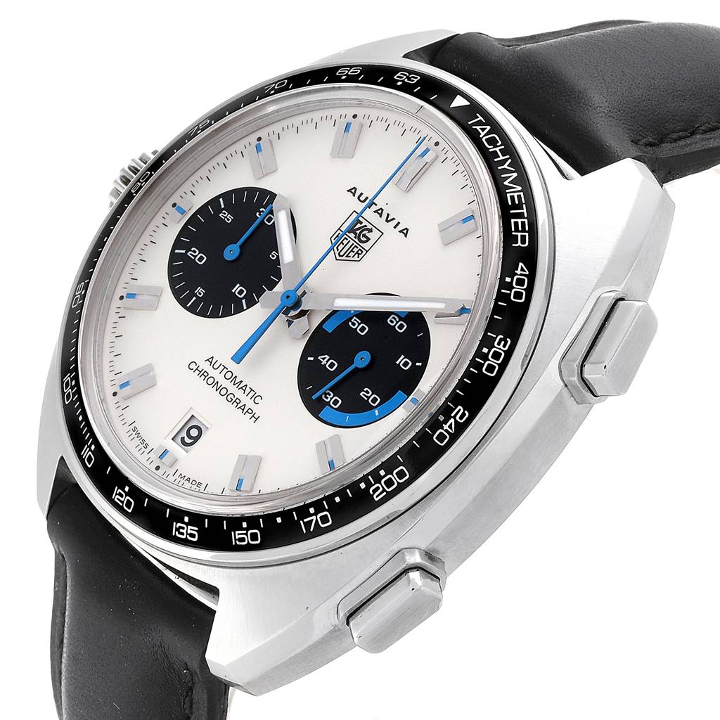 The image shows a close-up angle of a Tag Heuer Autavia CY2110 Men's Stainless Steel White Dial CY2110 Men's Stainless Steel White Dial watch highlighting the dial, bezel, and one side of the black leather strap.