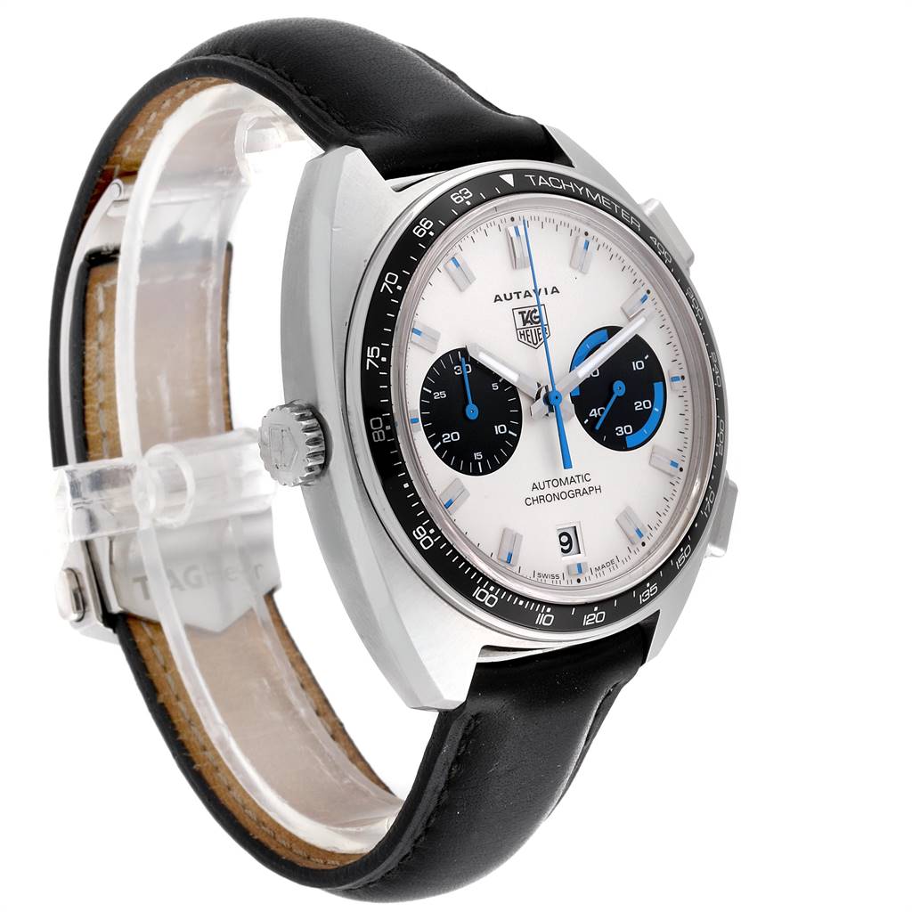 The image shows a Tag Heuer Autavia CY2110 Men's Stainless Steel White Dial CY2110 Men's Stainless Steel White Dial watch from a slight side angle, highlighting the watch face, bezel, crown, and leather strap.