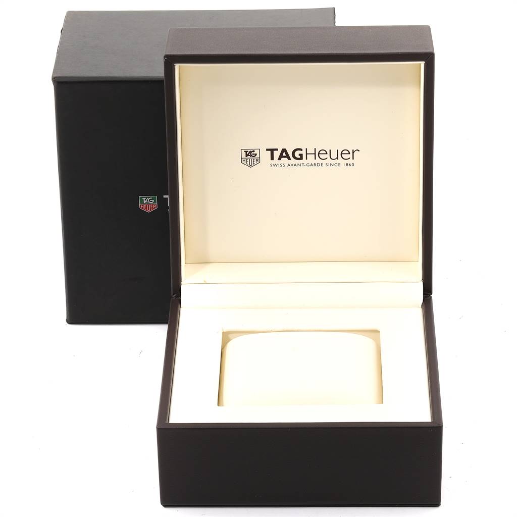 The image shows an open Tag Heuer Autavia CY2110 Men's Stainless Steel White Dial CY2110 Men's Stainless Steel White Dial watch box, with the cushion inside and the branded lid visible.