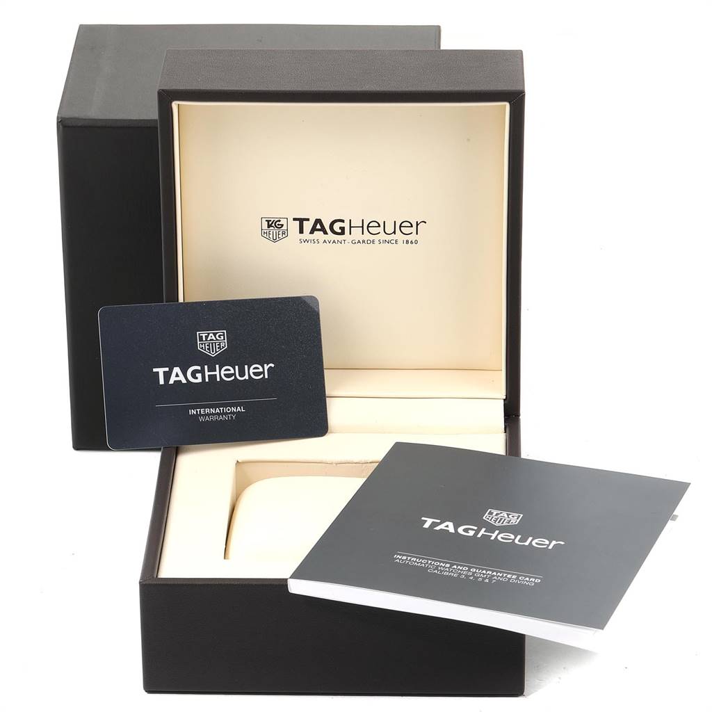 The image shows the packaging, international warranty card, and instruction booklet for a Tag Heuer Aquaracer WAY218C.FC6364 Men's Titanium Grey Dial WAY218C.FC6364 Men's Titanium Grey Dial watch.