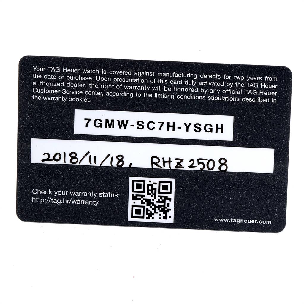This image shows a warranty card for a Tag Heuer Aquaracer WAY218C.FC6364 Men's Titanium Grey Dial WAY218C.FC6364 Men's Titanium Grey Dial watch, displaying a serial number, date of purchase, and a QR code.
