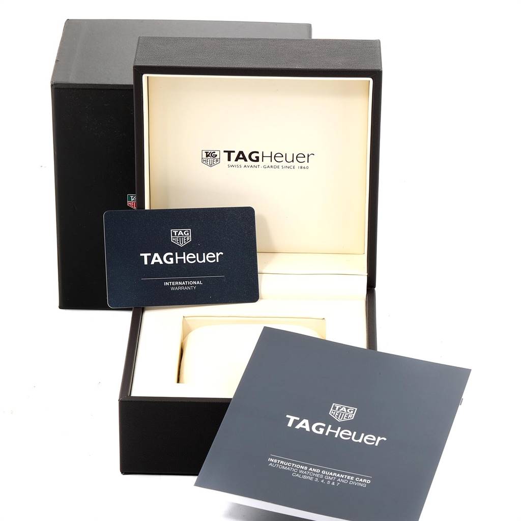 The image shows the Tag Heuer Aquaracer WAY201A.BA0927 Men's Stainless Steel Black Dial WAY201A.BA0927 Men's Stainless Steel Black Dial box, warranty card, and instruction booklet.