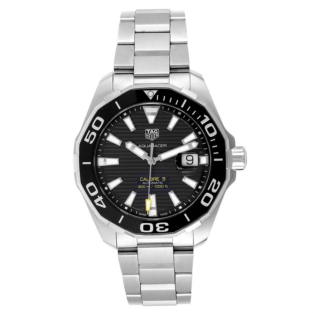 The Tag Heuer Aquaracer WAY201A.BA0927 Men's Stainless Steel Black Dial WAY201A.BA0927 Men's Stainless Steel Black Dial watch is shown from a front angle, displaying its face, bezel, crown, and bracelet.