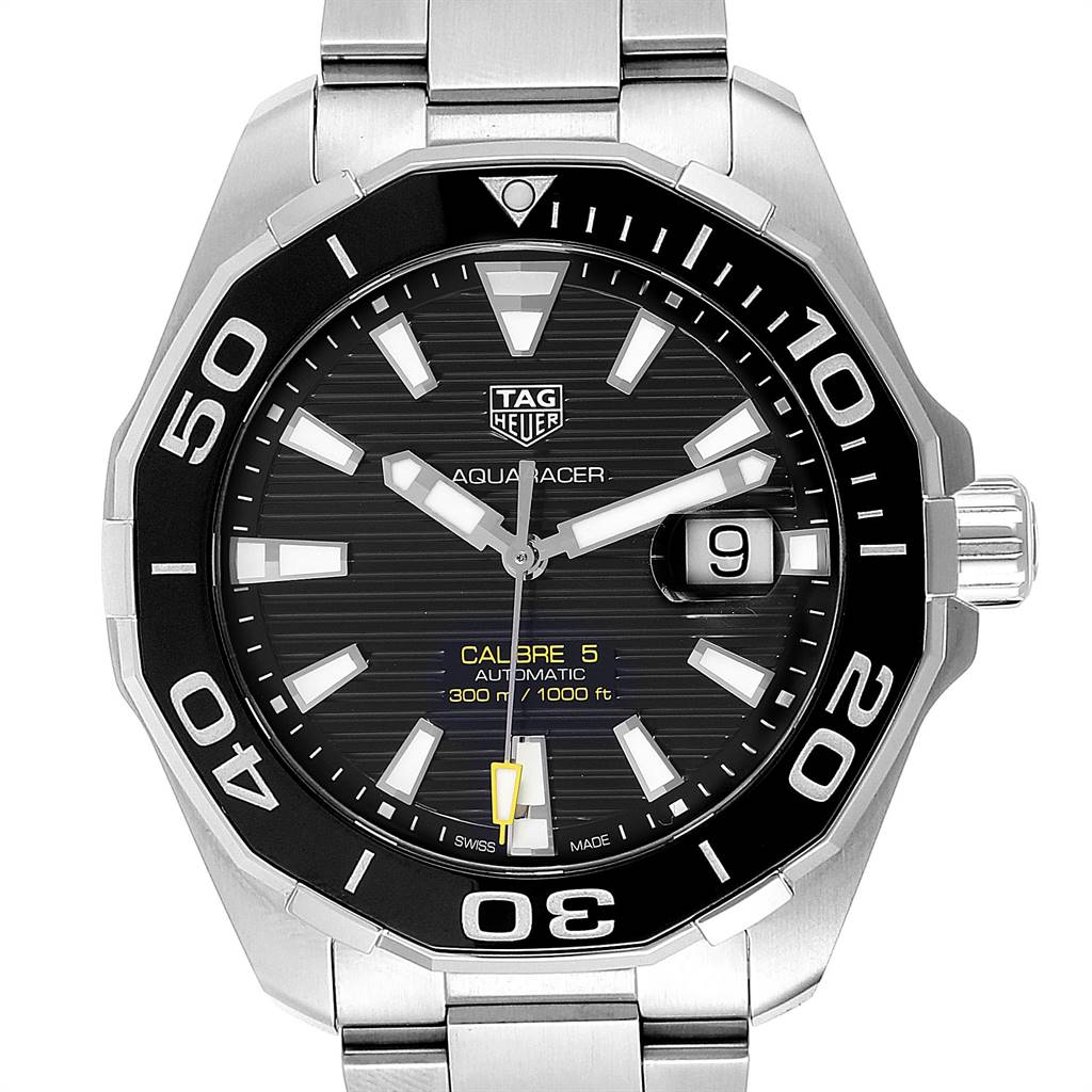 The image shows a front view of a Tag Heuer Aquaracer WAY201A.BA0927 Men's Stainless Steel Black Dial WAY201A.BA0927 Men's Stainless Steel Black Dial watch, highlighting the dial, bezel, and bracelet.
