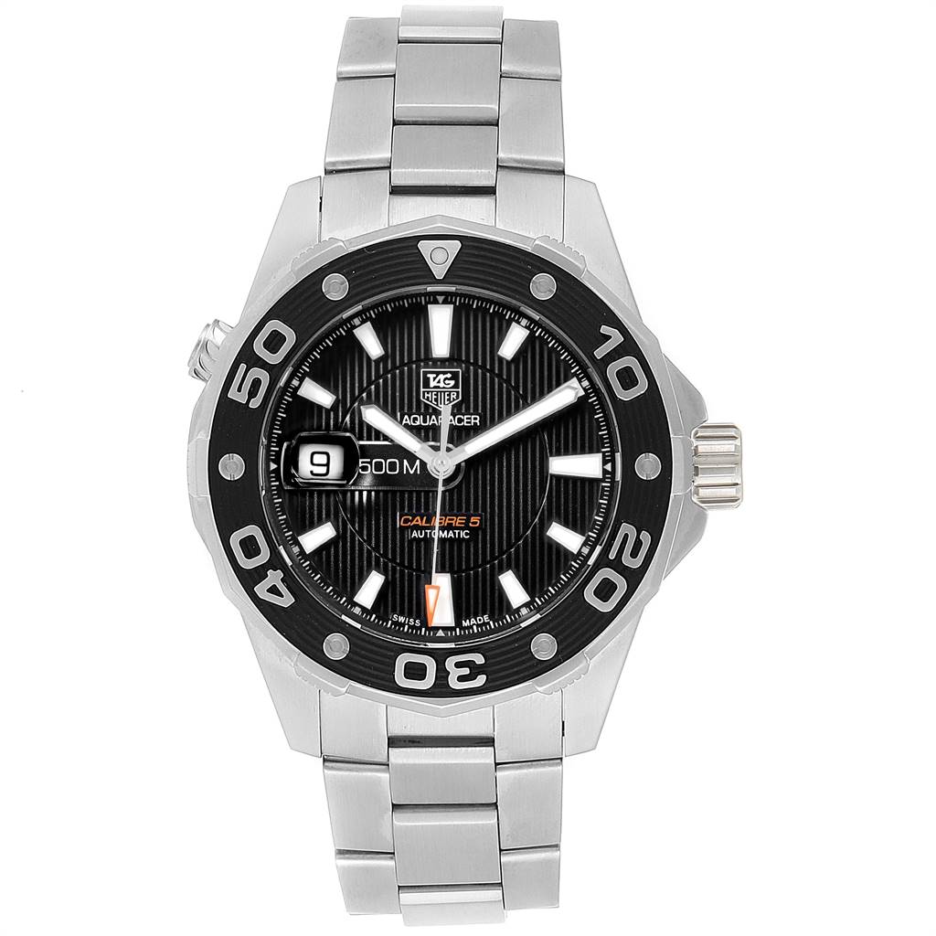 This Tag Heuer Aquaracer WAJ2110.BA0870 Men's Stainless Steel Black Dial WAJ2110.BA0870 Men's Stainless Steel Black Dial watch is shown from a front angle, displaying the face, bezel, and metal bracelet.