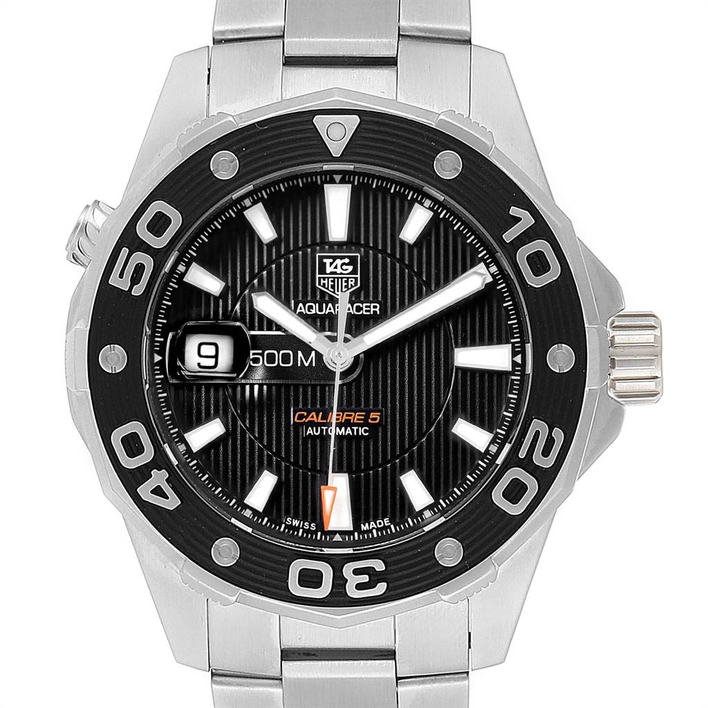 The image shows a front view of a Tag Heuer Aquaracer WAJ2110.BA0870 Men's Stainless Steel Black Dial WAJ2110.BA0870 Men's Stainless Steel Black Dial watch, featuring its dial, bezel, and part of its metal bracelet.
