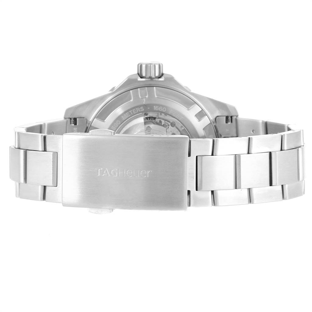 This image shows the back view of a silver Tag Heuer Aquaracer WAJ2110.BA0870 Men's Stainless Steel Black Dial WAJ2110.BA0870 Men's Stainless Steel Black Dial watch, focusing on the clasp and bracelet.