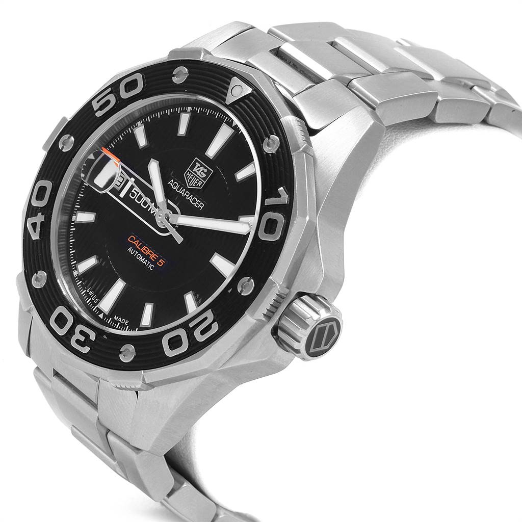 The image shows a Tag Heuer Aquaracer WAJ2110.BA0870 Men's Stainless Steel Black Dial WAJ2110.BA0870 Men's Stainless Steel Black Dial watch angled to display its bezel, crown, dial, and part of the bracelet.