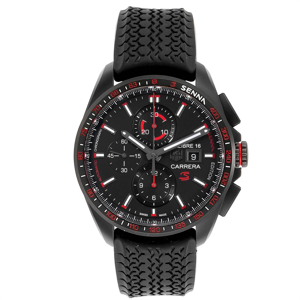 The image shows a front view of a Tag Heuer Carrera CBB2080.FT6042 Men's Titanium Black Dial CBB2080.FT6042 Men's Titanium Black Dial watch, featuring its dial, bezel, and rubber strap.