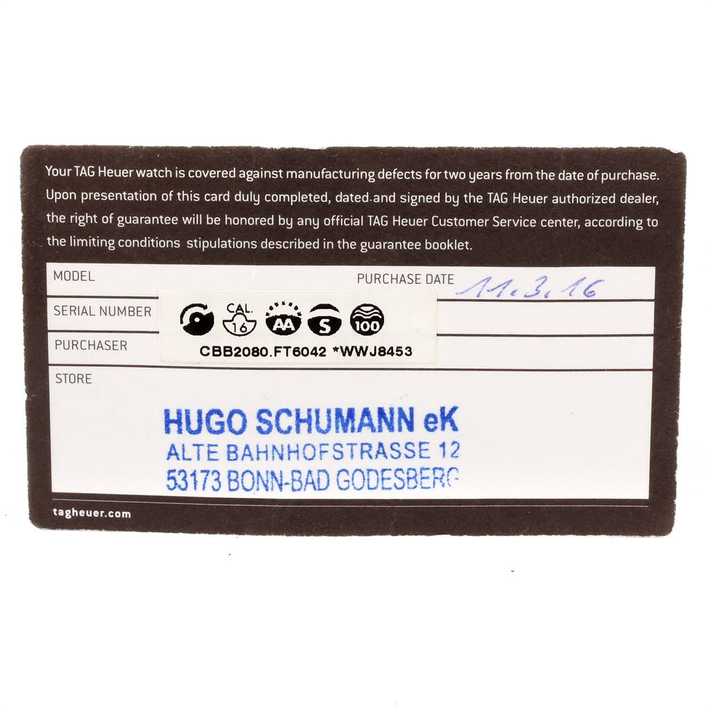The image shows the warranty card for a Tag Heuer Carrera CBB2080.FT6042 Men's Titanium Black Dial CBB2080.FT6042 Men's Titanium Black Dial model watch, detailing purchase date, store, and serial number.