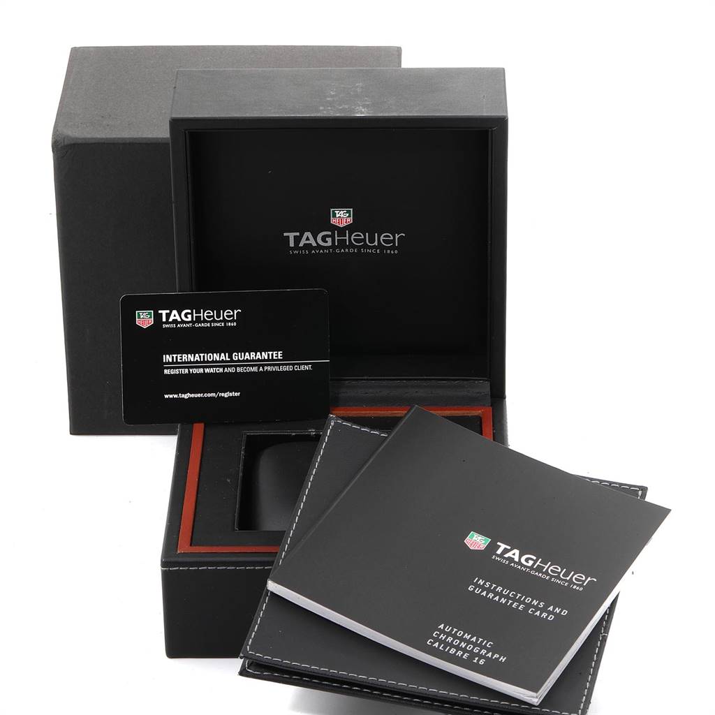 The image shows the packaging, guarantee card, and instruction booklet for the Tag Heuer Limited Edition CV2A1C.FC6272 Men's Stainless Steel Black Dial CV2A1C.FC6272 Men's Stainless Steel Black Dial watch.