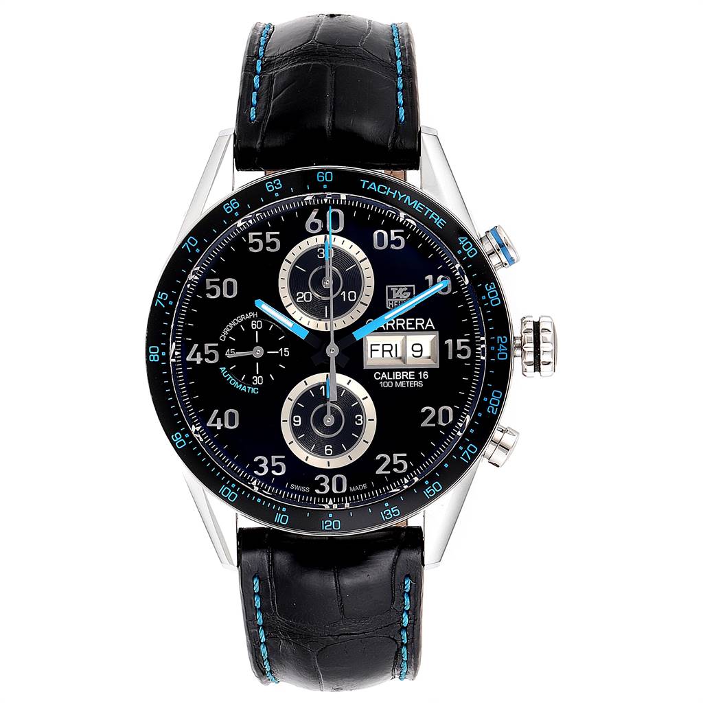 This image shows the full front view of the Tag Heuer Carrera Limited Edition watch, highlighting its face and leather strap.