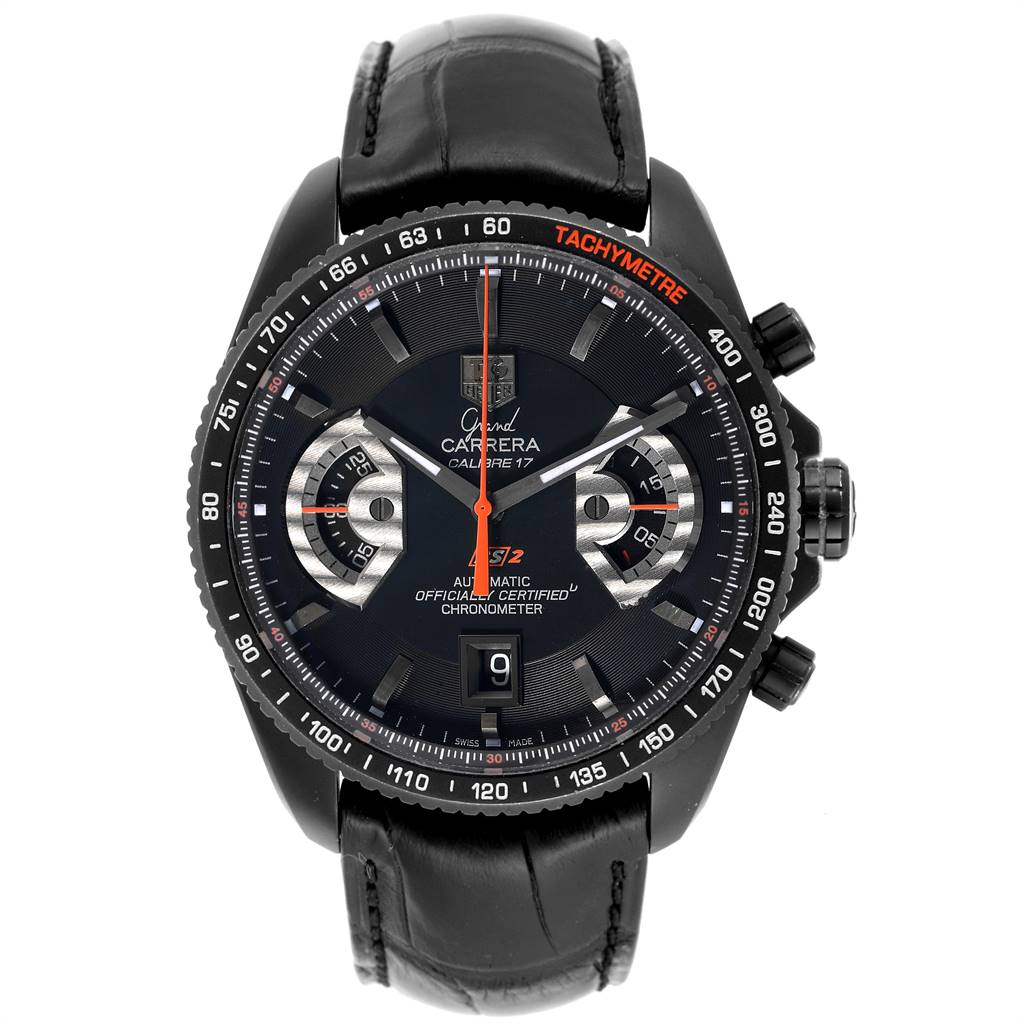 The image shows a Tag Heuer Carrera CAV518B.FC6237 Men's Titanium Black Dial CAV518B.FC6237 Men's Titanium Black Dial watch from a top-down angle, highlighting its dial, bezel, chronograph subdials, and black strap.