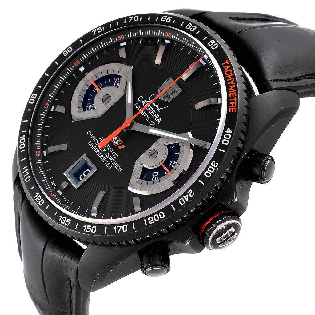 The image shows a close-up side angle of the Tag Heuer Carrera CAV518B.FC6237 Men's Titanium Black Dial CAV518B.FC6237 Men's Titanium Black Dial watch, highlighting the dial, subdials, and tachymeter bezel.