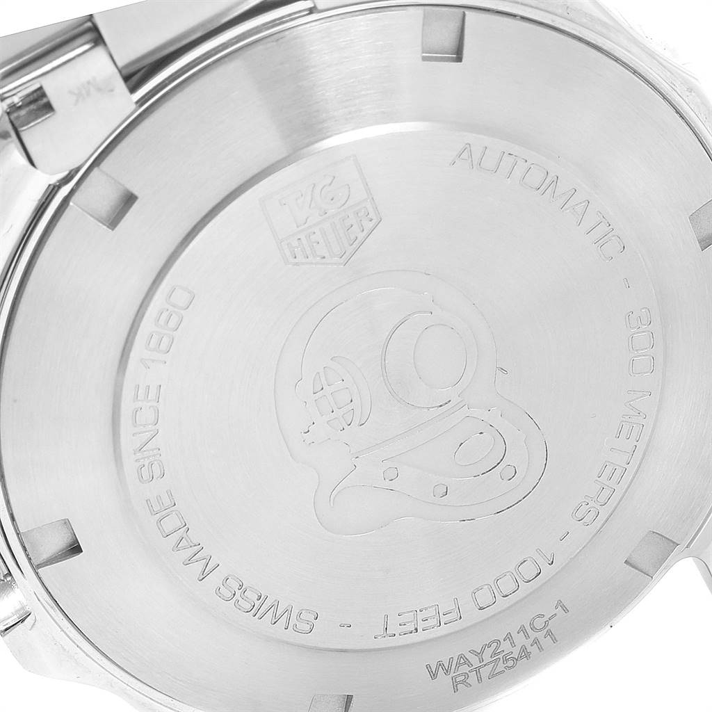 The image shows the back case of a Tag Heuer Aquaracer WAY211C.BA0928 Men's Stainless Steel Blue Dial WAY211C.BA0928 Men's Stainless Steel Blue Dial watch, highlighting its engravings and markings.