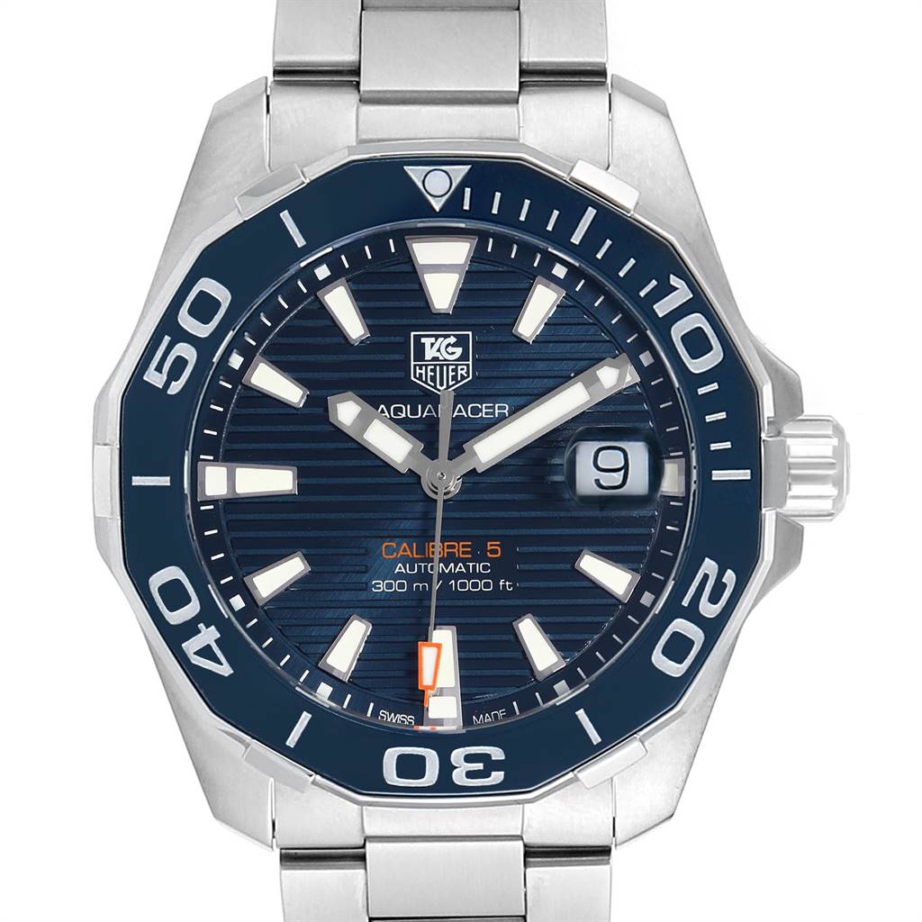 The Tag Heuer Aquaracer WAY211C.BA0928 Men's Stainless Steel Blue Dial WAY211C.BA0928 Men's Stainless Steel Blue Dial watch is shown from the front, highlighting its dial, bezel, hands, and stainless steel bracelet.