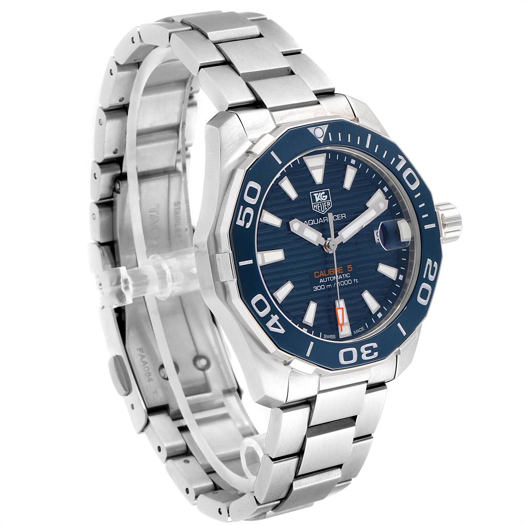 The image shows a side angle of a Tag Heuer Aquaracer WAY211C.BA0928 Men's Stainless Steel Blue Dial WAY211C.BA0928 Men's Stainless Steel Blue Dial watch, highlighting the face, bezel, and bracelet.