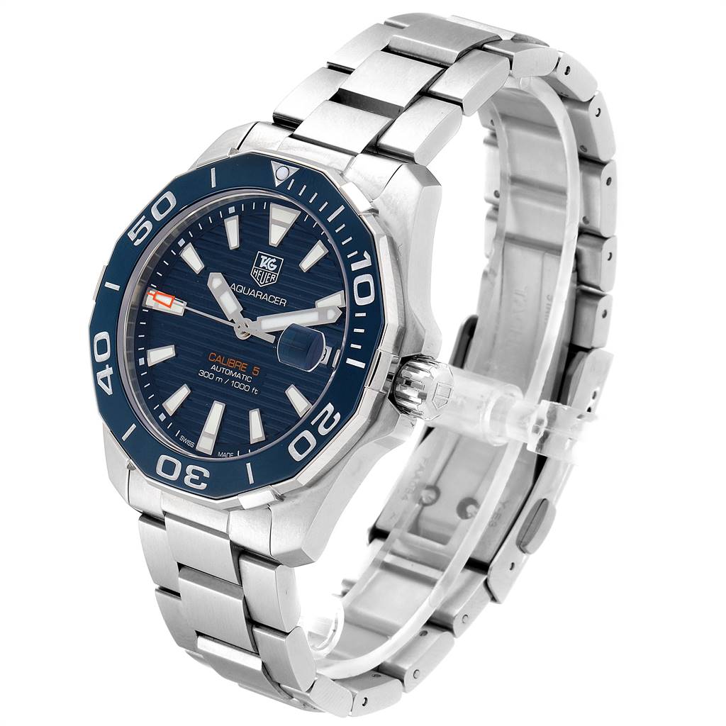 This Tag Heuer Aquaracer WAY211C.BA0928 Men's Stainless Steel Blue Dial WAY211C.BA0928 Men's Stainless Steel Blue Dial watch is shown at an angled view displaying the face, bezel, and metal bracelet.